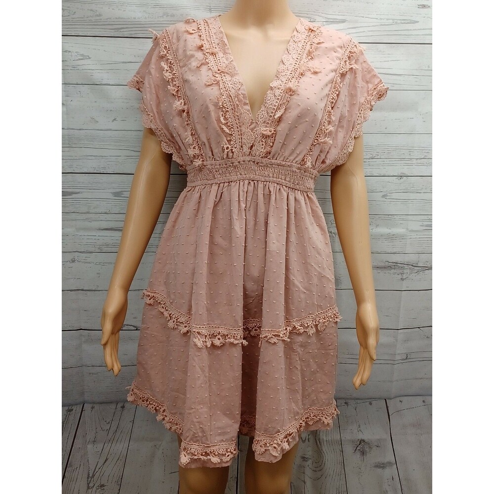Simplee Juniors Women's Rose Pink Dress Ruffle Embellished Lace Size M